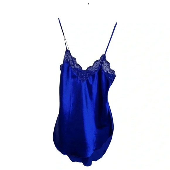 Victoria's Secret Other - Victoria’s Secret Gold Label 90s Blue Satin Lace Trim Chemise Gold Tag, sz P